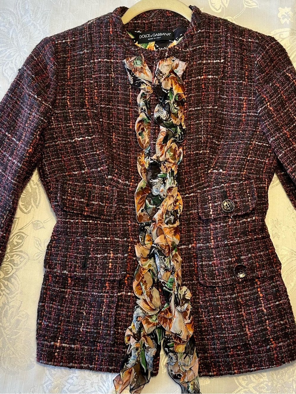 Dolce & Gabbana Plum Tweed Blazer with Floral Ruffle Placket